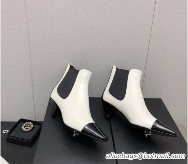 Low Cost Chanel Calfskin & Patent Leather Pointed Ankle Boots 4cm White 814008