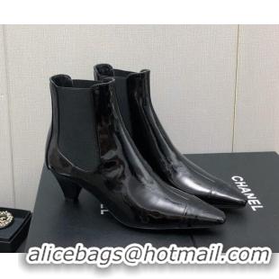 Durable Chanel Patent Calfskin Pointed Ankle Boots 4cm All Black 814009