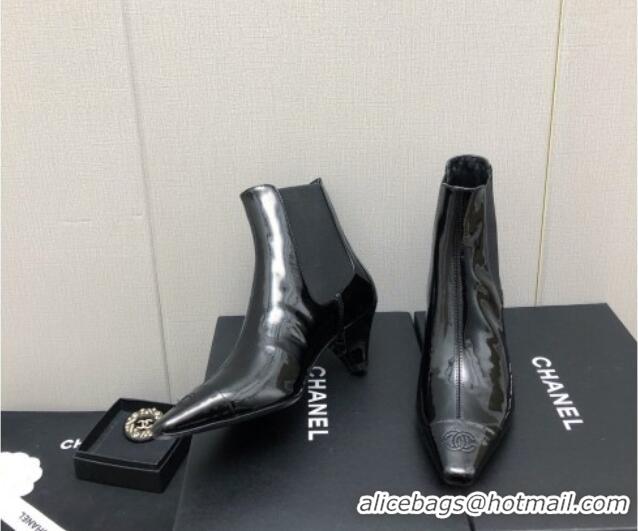 Durable Chanel Patent Calfskin Pointed Ankle Boots 4cm All Black 814009