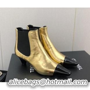 Best Product Chanel Calfskin & Patent Leather Pointed Ankle Boots 4cm Gold 814010