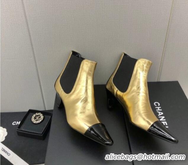 Best Product Chanel Calfskin & Patent Leather Pointed Ankle Boots 4cm Gold 814010