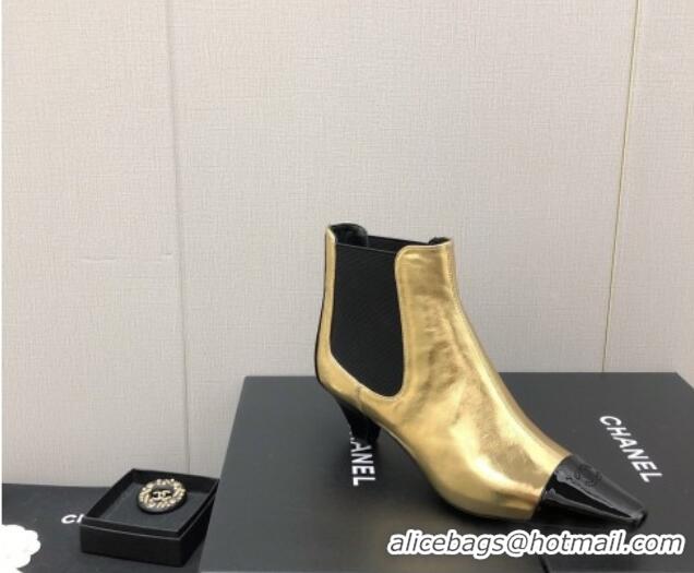 Best Product Chanel Calfskin & Patent Leather Pointed Ankle Boots 4cm Gold 814010