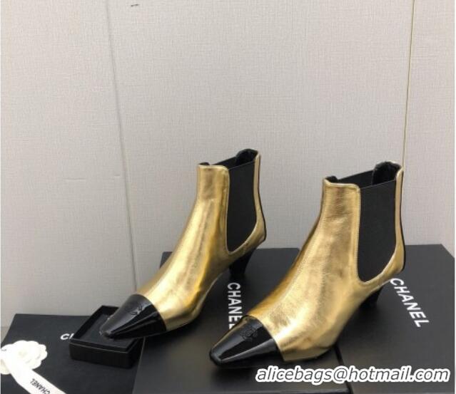 Best Product Chanel Calfskin & Patent Leather Pointed Ankle Boots 4cm Gold 814010