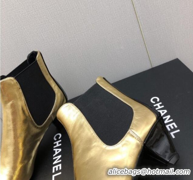 Best Product Chanel Calfskin & Patent Leather Pointed Ankle Boots 4cm Gold 814010