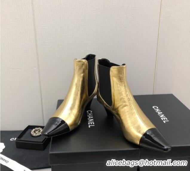 Best Product Chanel Calfskin & Patent Leather Pointed Ankle Boots 4cm Gold 814010