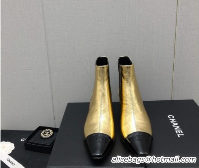 Best Product Chanel Calfskin & Patent Leather Pointed Ankle Boots 4cm Gold 814010