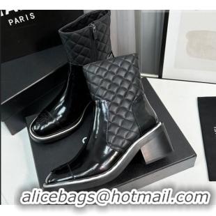 Most Popular Chanel Quilted Calfskin & Patent Leather Ankle Boots 6.5cm with White Contrasting Black 814011