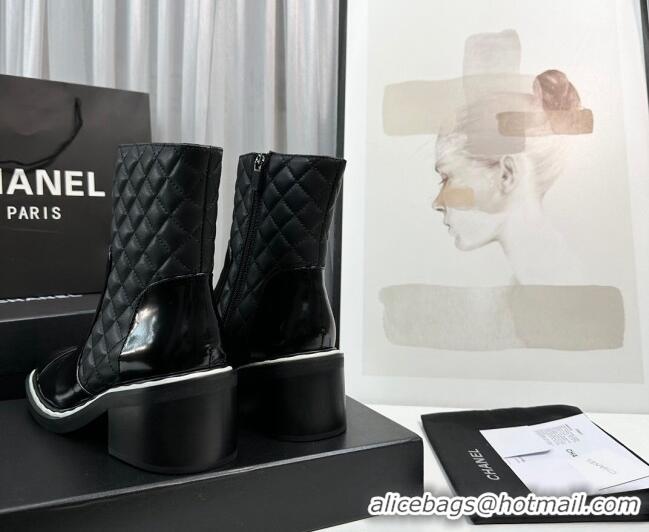 Most Popular Chanel Quilted Calfskin & Patent Leather Ankle Boots 6.5cm with White Contrasting Black 814011