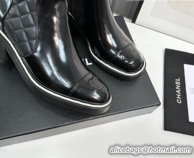 Most Popular Chanel Quilted Calfskin & Patent Leather Ankle Boots 6.5cm with White Contrasting Black 814011