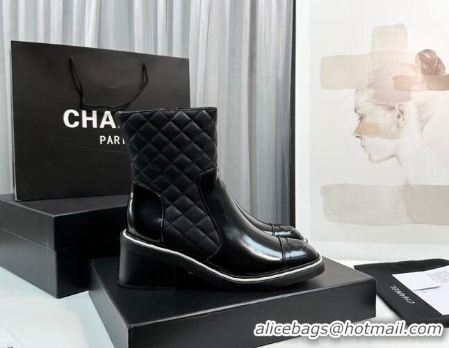 Most Popular Chanel Quilted Calfskin & Patent Leather Ankle Boots 6.5cm with White Contrasting Black 814011