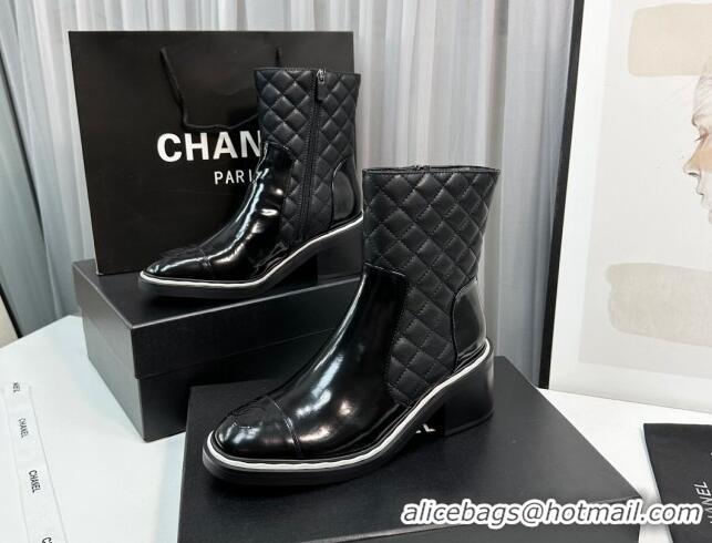 Most Popular Chanel Quilted Calfskin & Patent Leather Ankle Boots 6.5cm with White Contrasting Black 814011