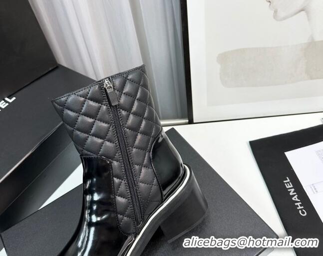 Most Popular Chanel Quilted Calfskin & Patent Leather Ankle Boots 6.5cm with White Contrasting Black 814011