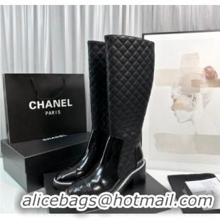 Luxurious Chanel Quilted Calfskin & Patent Leather High Boots 6.5cm with White Contrasting 814012