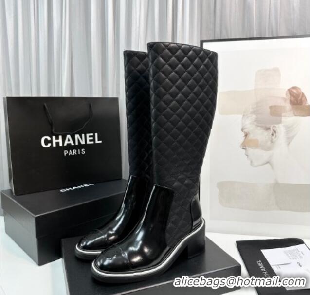 Luxurious Chanel Quilted Calfskin & Patent Leather High Boots 6.5cm with White Contrasting 814012