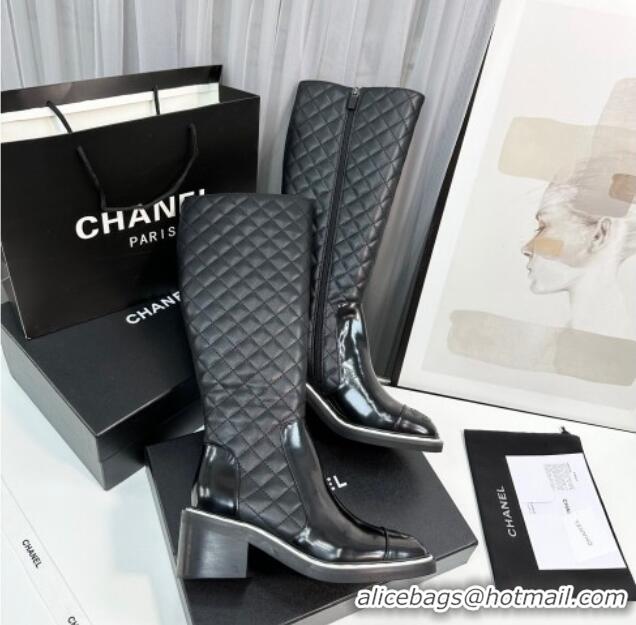 Luxurious Chanel Quilted Calfskin & Patent Leather High Boots 6.5cm with White Contrasting 814012