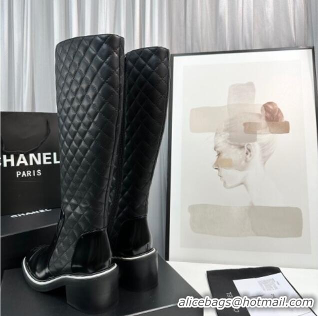 Luxurious Chanel Quilted Calfskin & Patent Leather High Boots 6.5cm with White Contrasting 814012