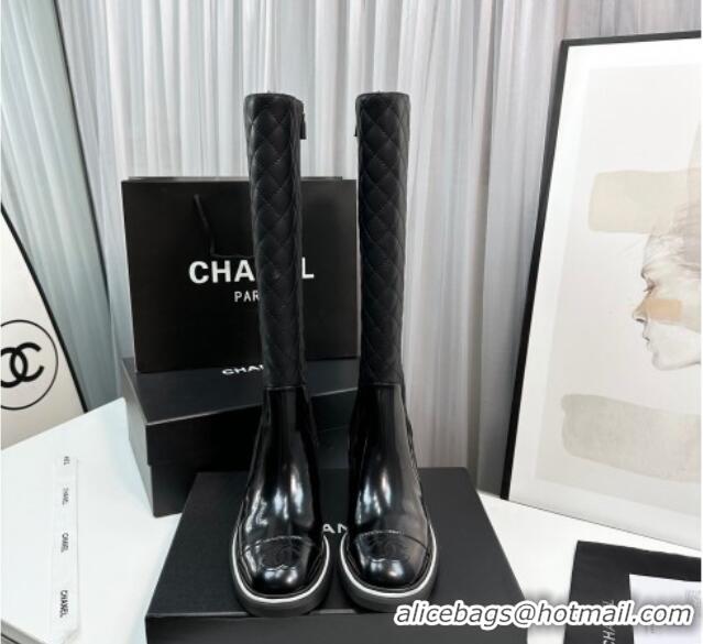 Luxurious Chanel Quilted Calfskin & Patent Leather High Boots 6.5cm with White Contrasting 814012