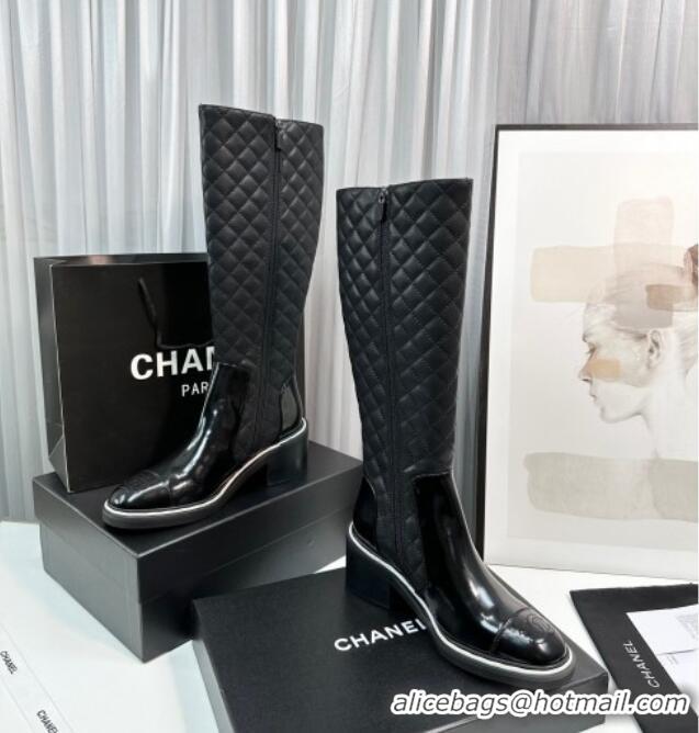 Luxurious Chanel Quilted Calfskin & Patent Leather High Boots 6.5cm with White Contrasting 814012