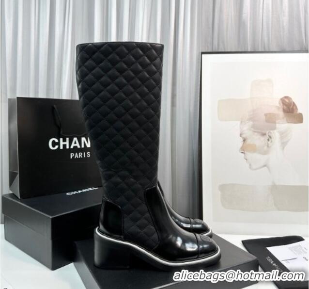 Luxurious Chanel Quilted Calfskin & Patent Leather High Boots 6.5cm with White Contrasting 814012