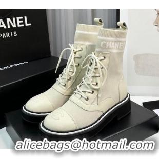 Top Design Chanel Sock Lace-up Ankle Boots in Knit and Calfskin Light Beige 814013