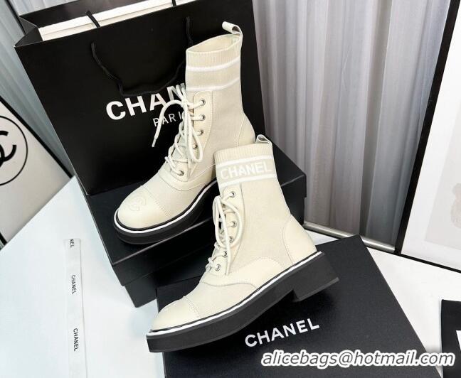 Top Design Chanel Sock Lace-up Ankle Boots in Knit and Calfskin Light Beige 814013