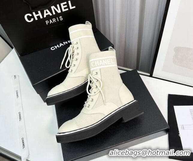 Top Design Chanel Sock Lace-up Ankle Boots in Knit and Calfskin Light Beige 814013