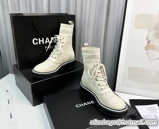 Top Design Chanel Sock Lace-up Ankle Boots in Knit and Calfskin Light Beige 814013