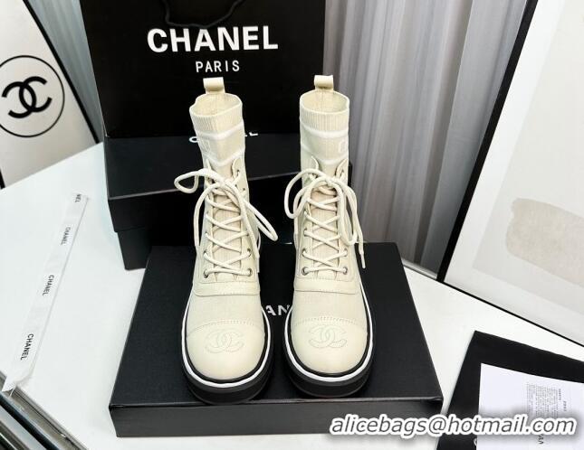 Top Design Chanel Sock Lace-up Ankle Boots in Knit and Calfskin Light Beige 814013