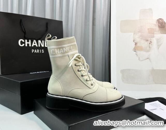 Top Design Chanel Sock Lace-up Ankle Boots in Knit and Calfskin Light Beige 814013