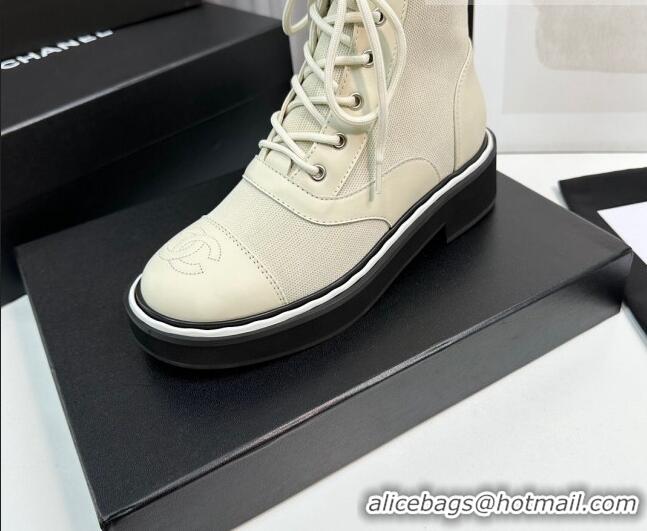 Top Design Chanel Sock Lace-up Ankle Boots in Knit and Calfskin Light Beige 814013