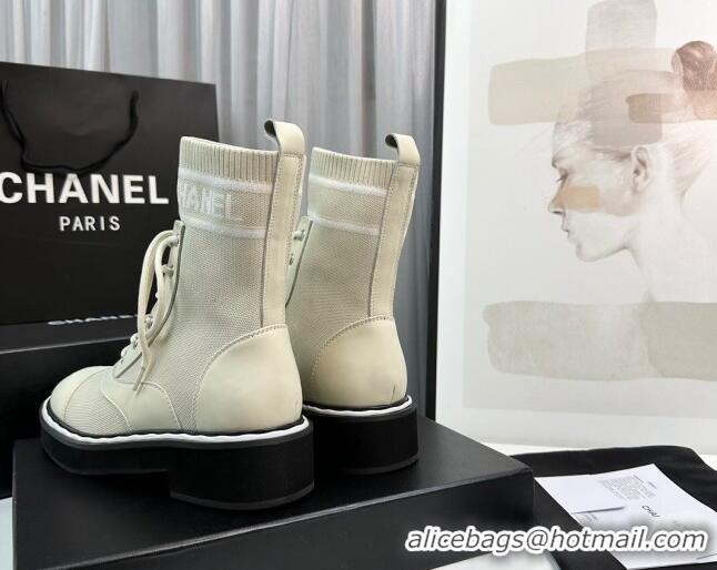 Top Design Chanel Sock Lace-up Ankle Boots in Knit and Calfskin Light Beige 814013