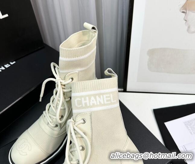 Top Design Chanel Sock Lace-up Ankle Boots in Knit and Calfskin Light Beige 814013