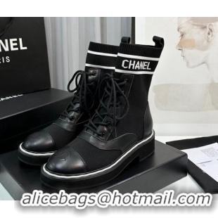 Good Product Chanel Sock Lace-up Ankle Boots in Knit and Calfskin Black 814014