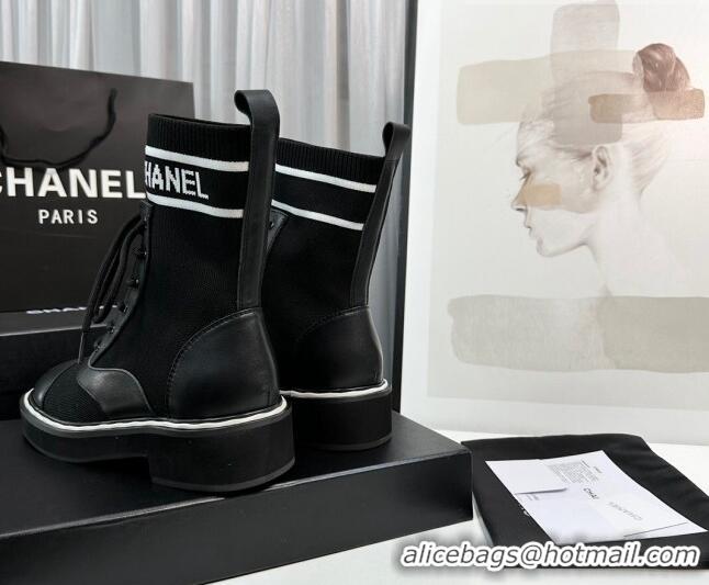 Good Product Chanel Sock Lace-up Ankle Boots in Knit and Calfskin Black 814014