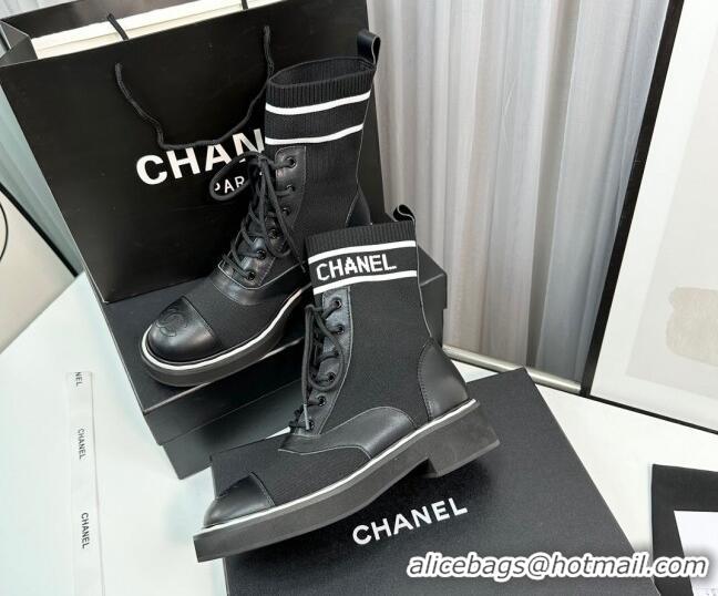 Good Product Chanel Sock Lace-up Ankle Boots in Knit and Calfskin Black 814014