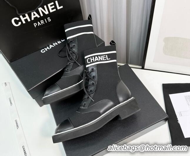 Good Product Chanel Sock Lace-up Ankle Boots in Knit and Calfskin Black 814014