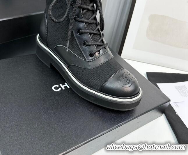 Good Product Chanel Sock Lace-up Ankle Boots in Knit and Calfskin Black 814014