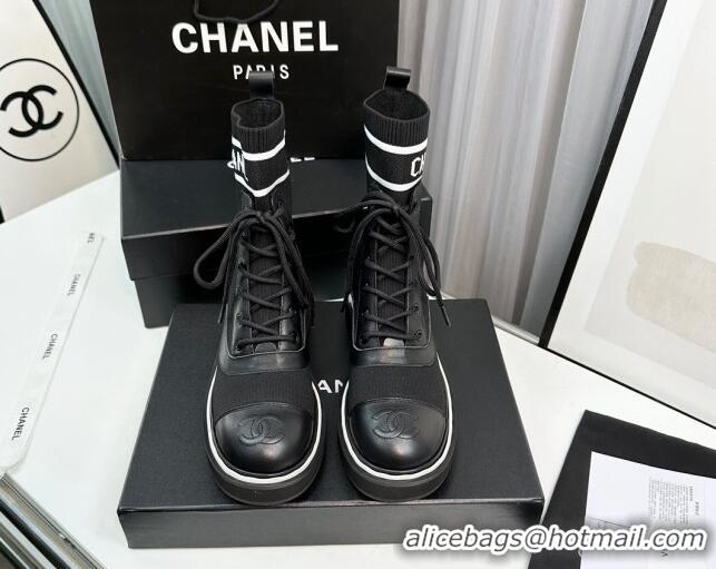 Good Product Chanel Sock Lace-up Ankle Boots in Knit and Calfskin Black 814014