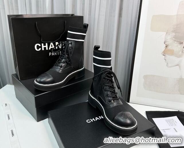 Good Product Chanel Sock Lace-up Ankle Boots in Knit and Calfskin Black 814014