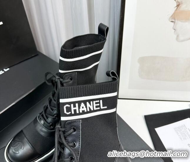 Good Product Chanel Sock Lace-up Ankle Boots in Knit and Calfskin Black 814014