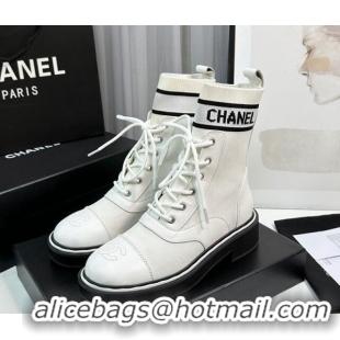 Classic Hot Chanel Sock Lace-up Ankle Boots in Knit and Calfskin White 814015