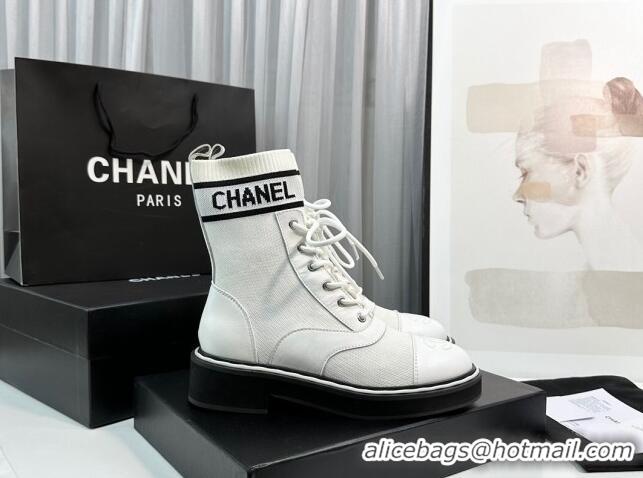 Classic Hot Chanel Sock Lace-up Ankle Boots in Knit and Calfskin White 814015