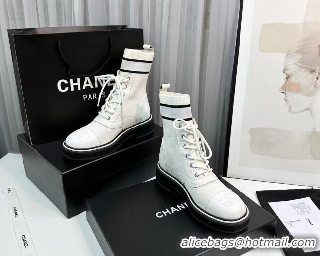 Classic Hot Chanel Sock Lace-up Ankle Boots in Knit and Calfskin White 814015