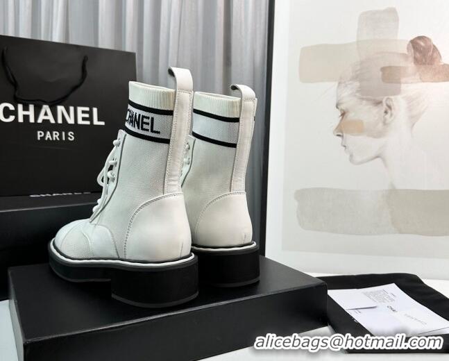 Classic Hot Chanel Sock Lace-up Ankle Boots in Knit and Calfskin White 814015