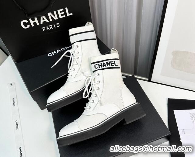 Classic Hot Chanel Sock Lace-up Ankle Boots in Knit and Calfskin White 814015