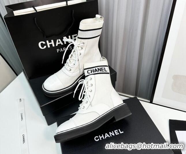 Classic Hot Chanel Sock Lace-up Ankle Boots in Knit and Calfskin White 814015