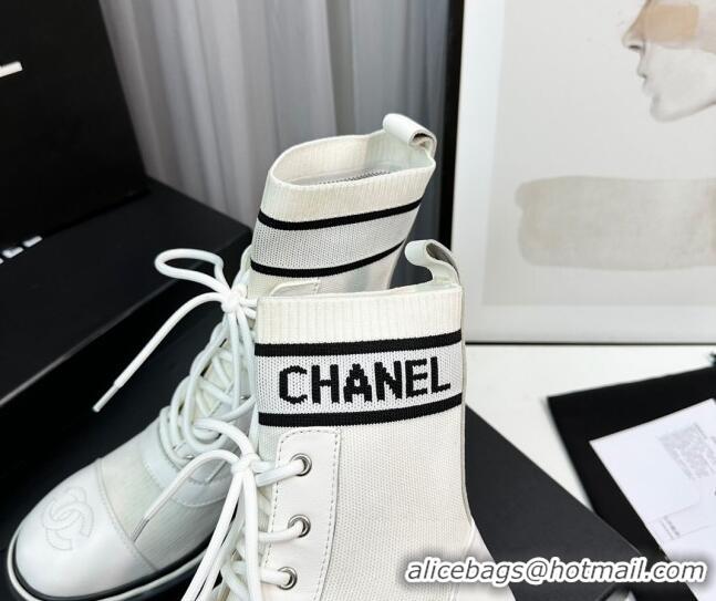 Classic Hot Chanel Sock Lace-up Ankle Boots in Knit and Calfskin White 814015