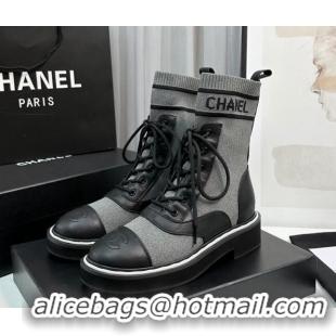 Big Discount Chanel Sock Lace-up Ankle Boots in Knit and Calfskin Grey 814016