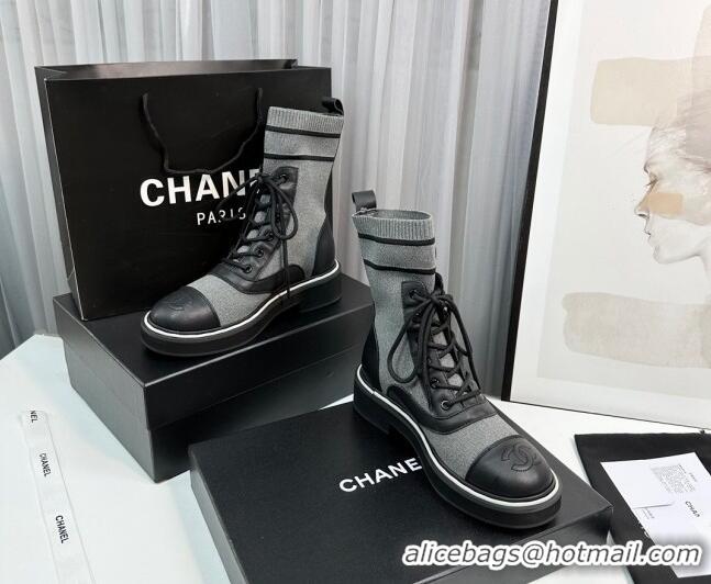 Big Discount Chanel Sock Lace-up Ankle Boots in Knit and Calfskin Grey 814016