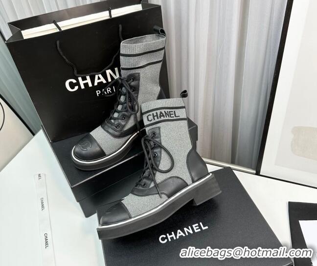 Big Discount Chanel Sock Lace-up Ankle Boots in Knit and Calfskin Grey 814016